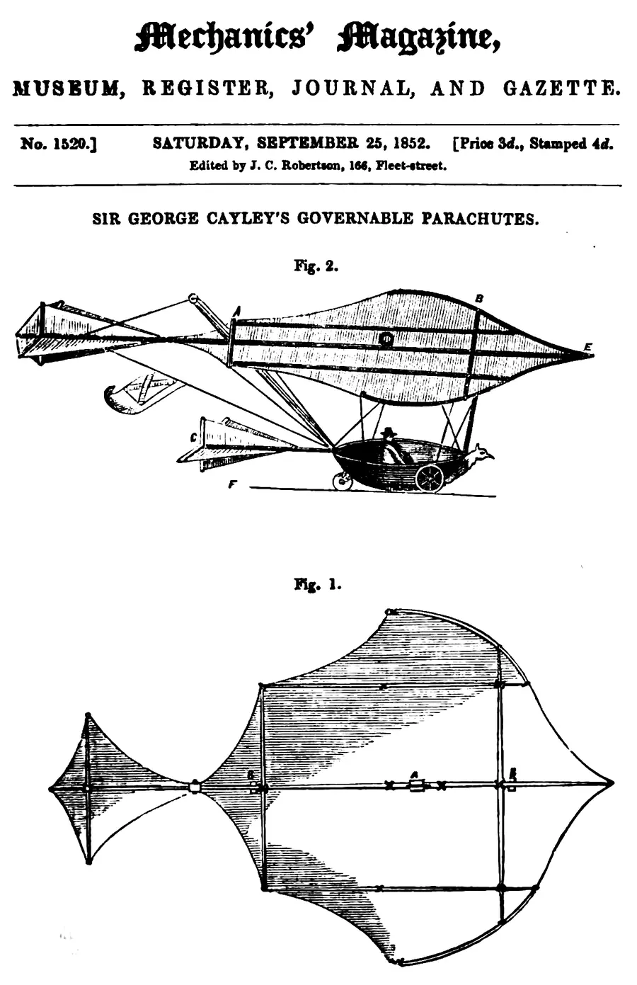 Engraving of Cayley’s glider seen from the side and from above: a kite-like wing over a small boat-shaped car, with a cruciform tail.