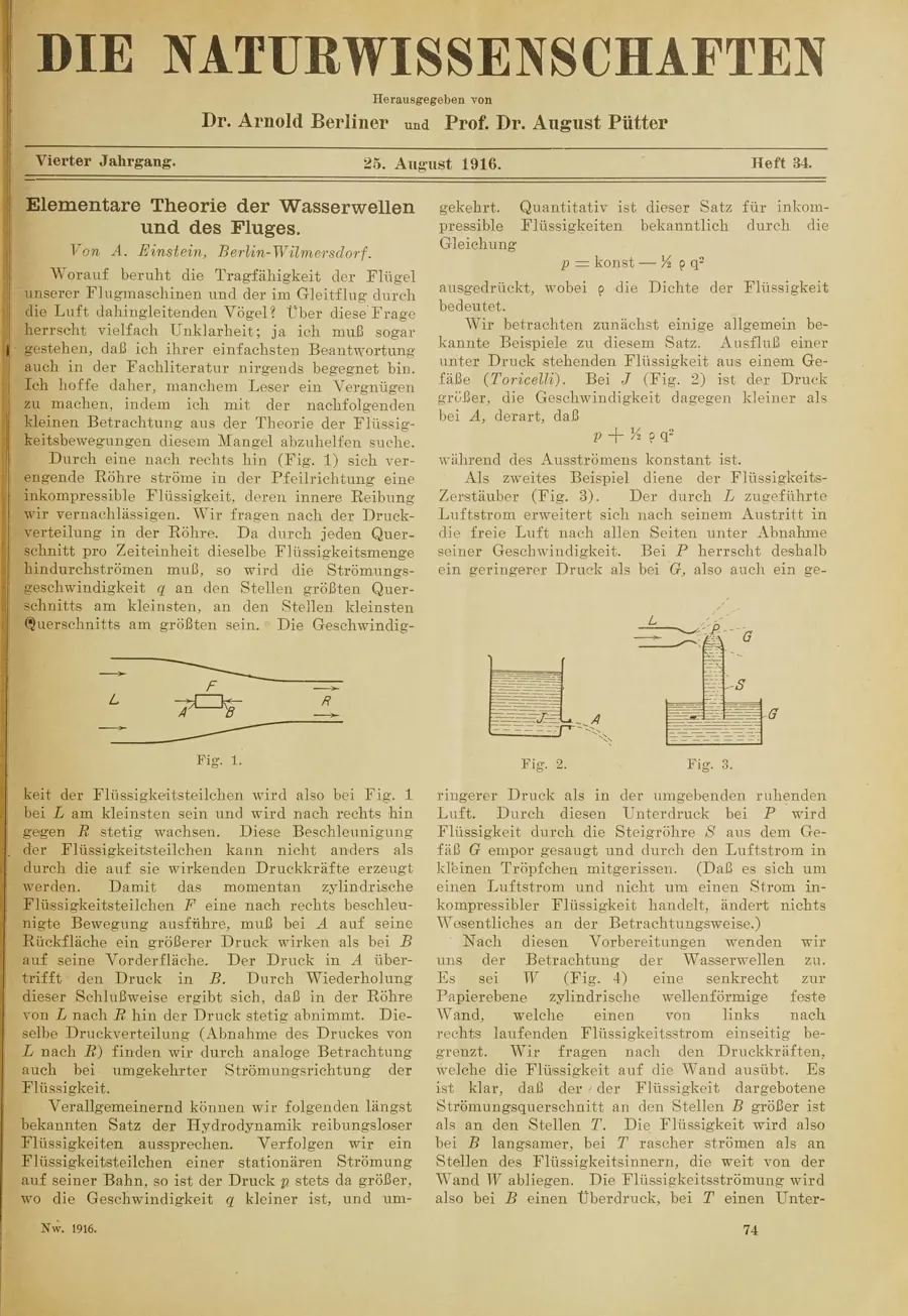 The first page of Einstein’s paper Elementare Theorie der Wasserwellen und des Fluges in Die Naturwissenschaften.